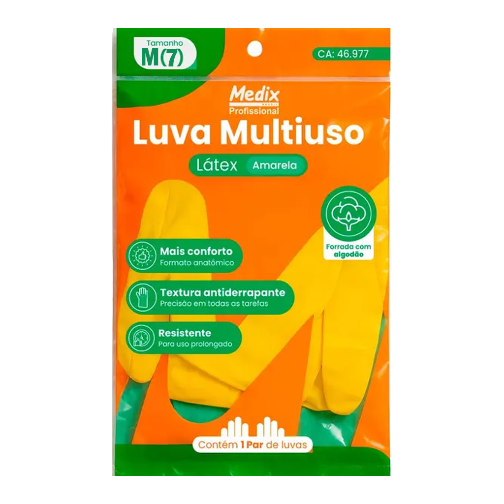 Luva Multiuso Látex Amarela - Tamanho M / G / GG - Medix